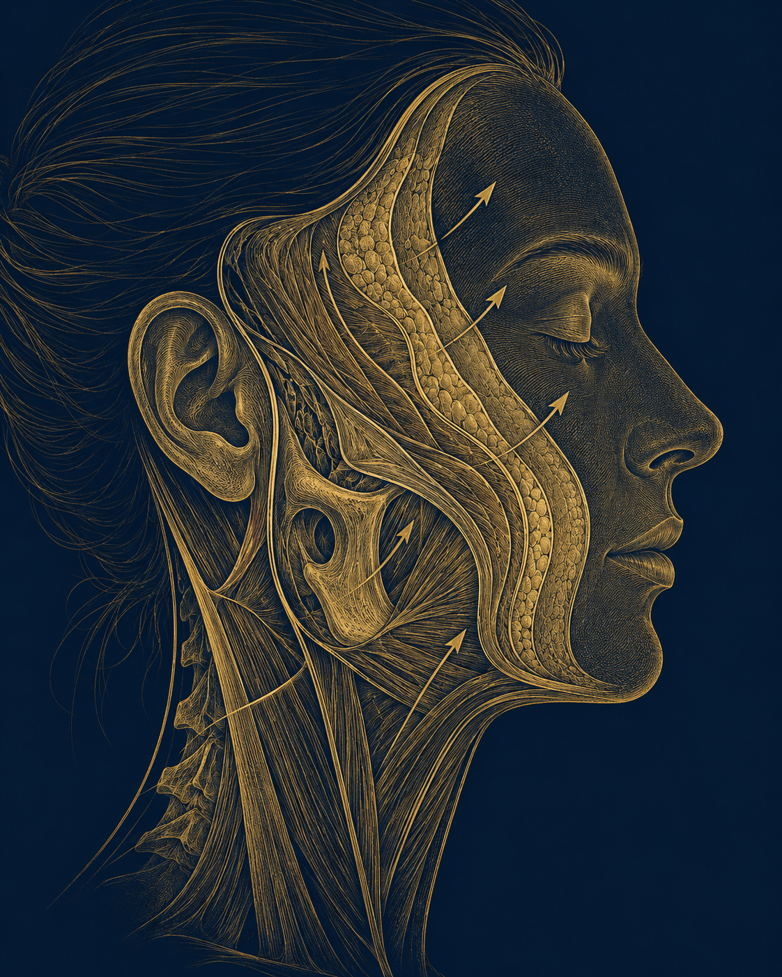 Ilustração anatômica dourada mostrando os vetores de reposicionamento profundo da face